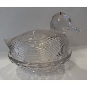 Light Pale Pink Glass Duck On Woven Basket Dish Trinket Candy Covered
